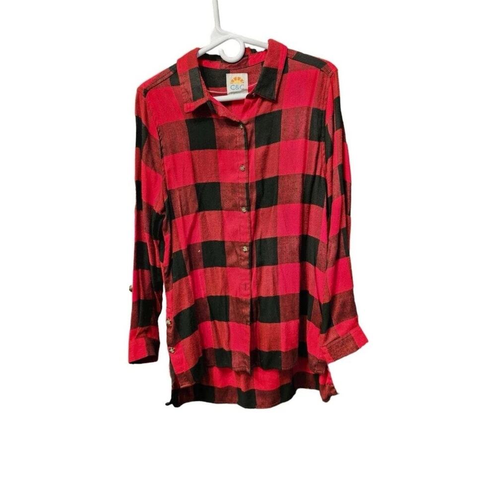 C&C California Large Red Black Plaid Flannel Button Front Shirt